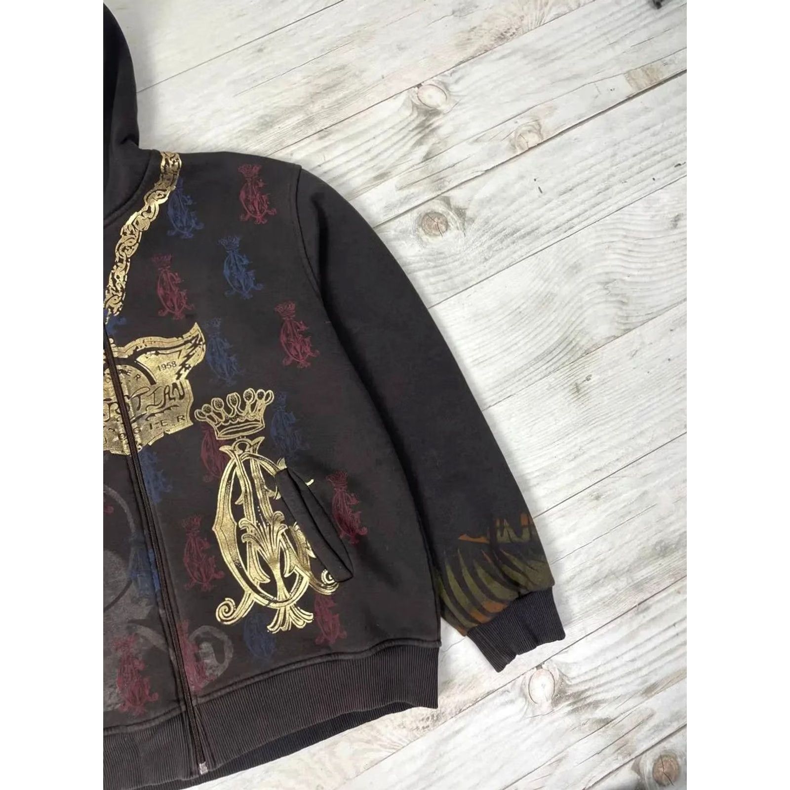 Vintage VINTAGE Christian Audigier Hoodie Full Zip Mens 2XL Brown 90s Love Full Zip Hooded Sweatshirt Brown 90s Size US XXL / EU 58 / 5 - 3 Thumbnail