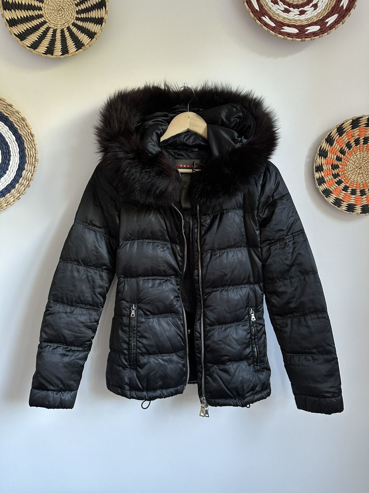 Prada Nylon Down Puffer Jacket with Blue Fox Fur Collar Riri Zip Grailed