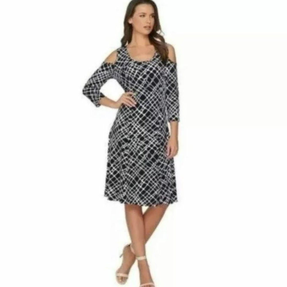 Other Susan Graver Printed Liquid Knit Cold Shoulder Black White Size L / US 10 / IT 46 - 1 Thumbnail