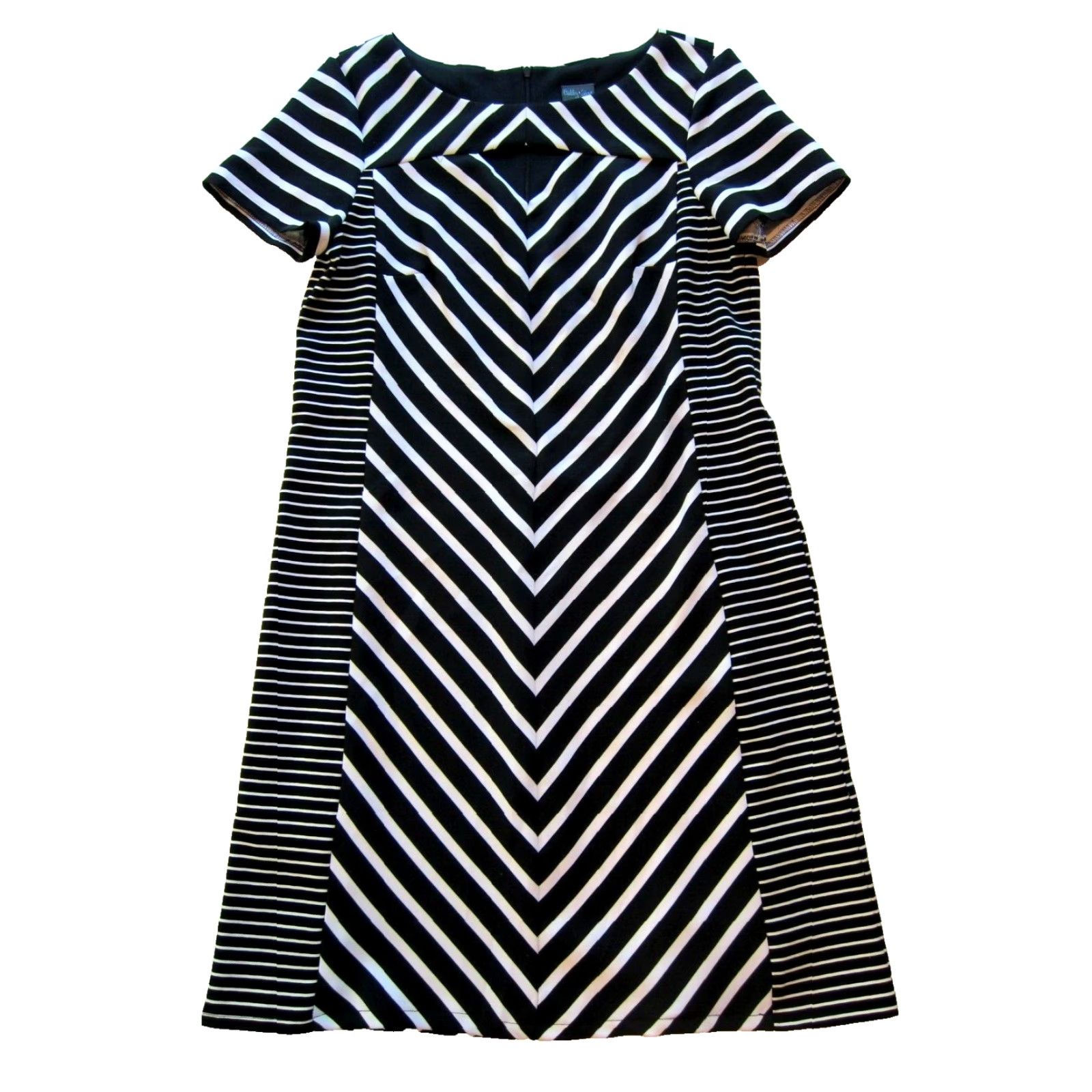Vintage Gabby Skye Black White Stripe Stretch Short Sleeve Tunic Sheath Shift Dress 8 Size 30" / US 8 / IT 44 - 2 Thumbnail