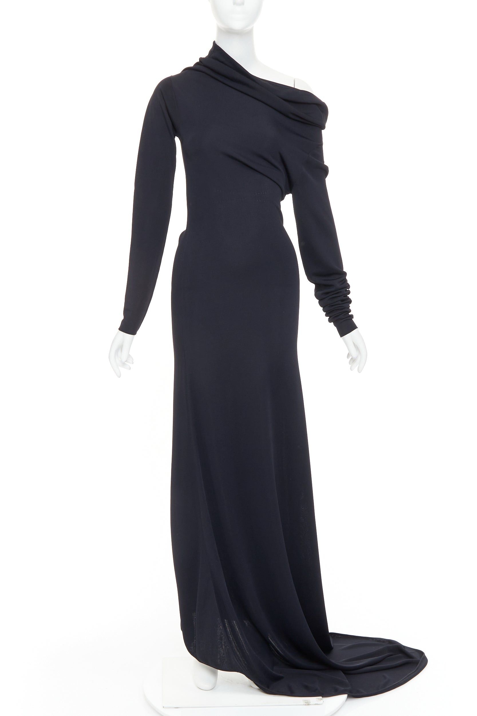 Salvatore Ferragamo FERRAGAMO Maximilian Davis 2023 black viscose blend off shoulder drape train gown M Size M / US 6-8 / IT 42-44 - 1 Thumbnail