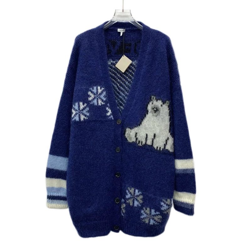 Loewe Loewe Dark blue polar bear embroidered horsehair V-neck lo Size M / US 6-8 / IT 42-44 - 1 Thumbnail