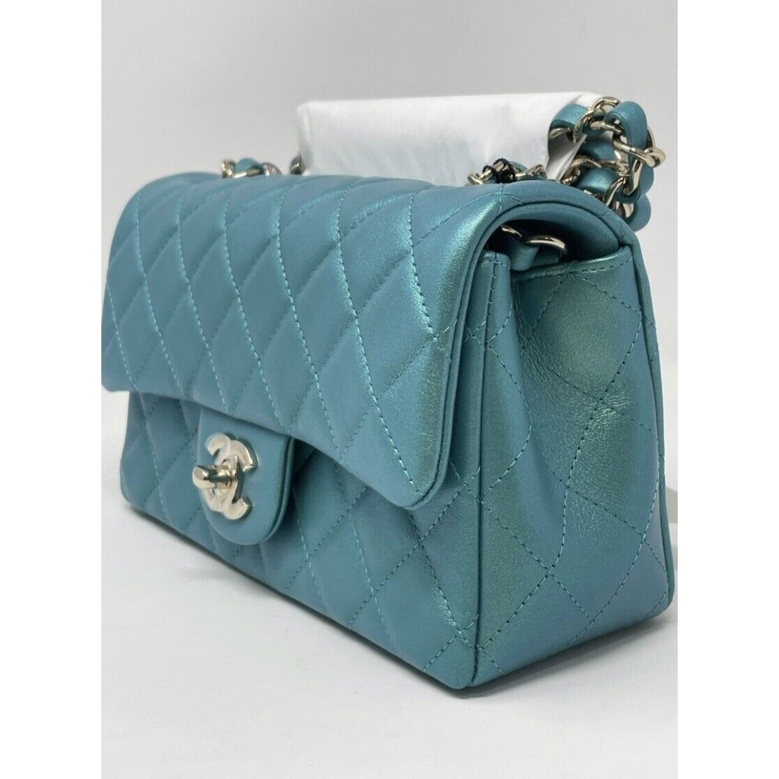 Chanel Mini Rectangular Classic 21S Green Iridescent Flap