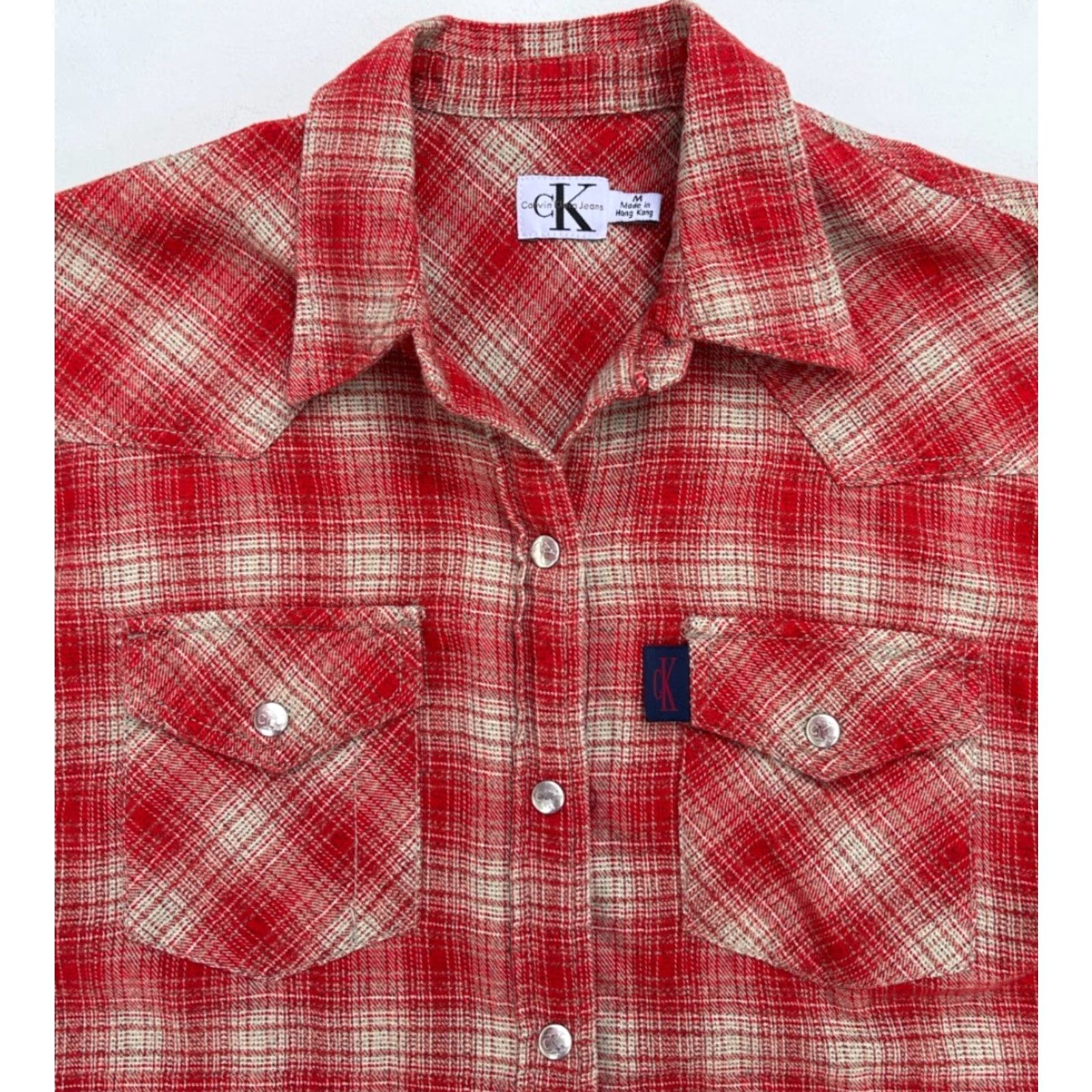 Calvin Klein VINTAGE Calvin Klein Women's Pearl Snap Western Shirt Plaid Sz M Red 90s with Pockets Size M / US 6-8 / IT 42-44 - 3 Thumbnail