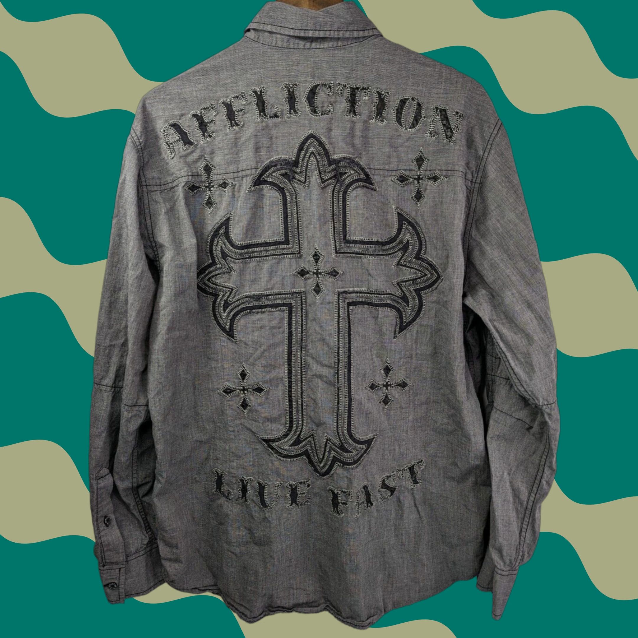 Affliction Affliction Button-Up Long Sleeve Gray 2XL Embroidered Live Fast Cross Black Premium 100% cotton Mens Shirt Size US XXL / EU 58 / 5 - 1 Thumbnail