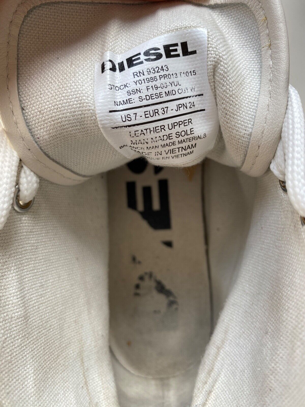 Diesel White Leather High Top Sneakers size 7