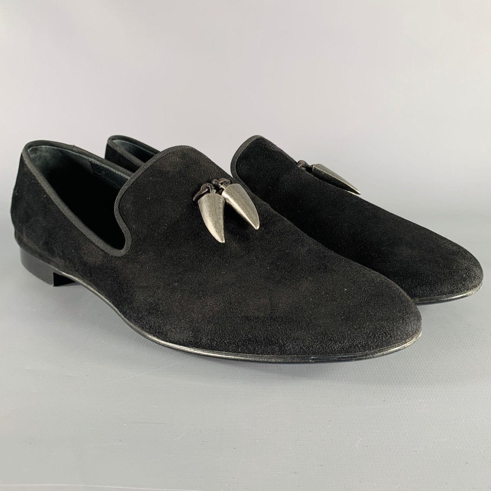 GIUSEPPE ZANOTTI 11 Black Textured Suede Slip On Loafers