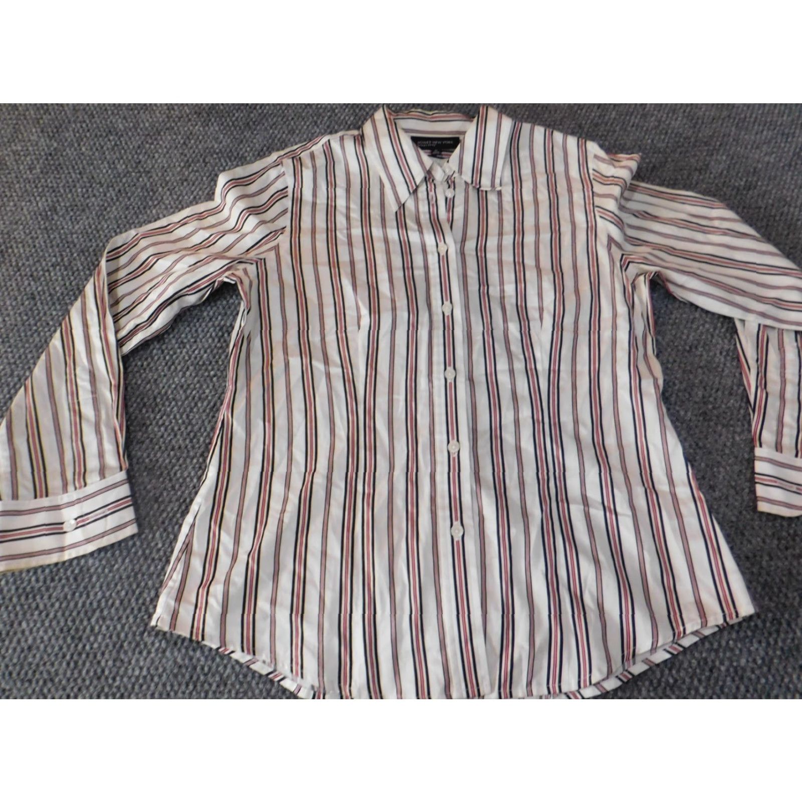 Jones New York Jones New York Button-Up Shirt White Striped Medium Women's Casual Classic Cotton Rayon Cap Sleeve Long Sleeve Regular Fit Shirt Size M / US 6-8 / IT 42-44 - 3 Thumbnail