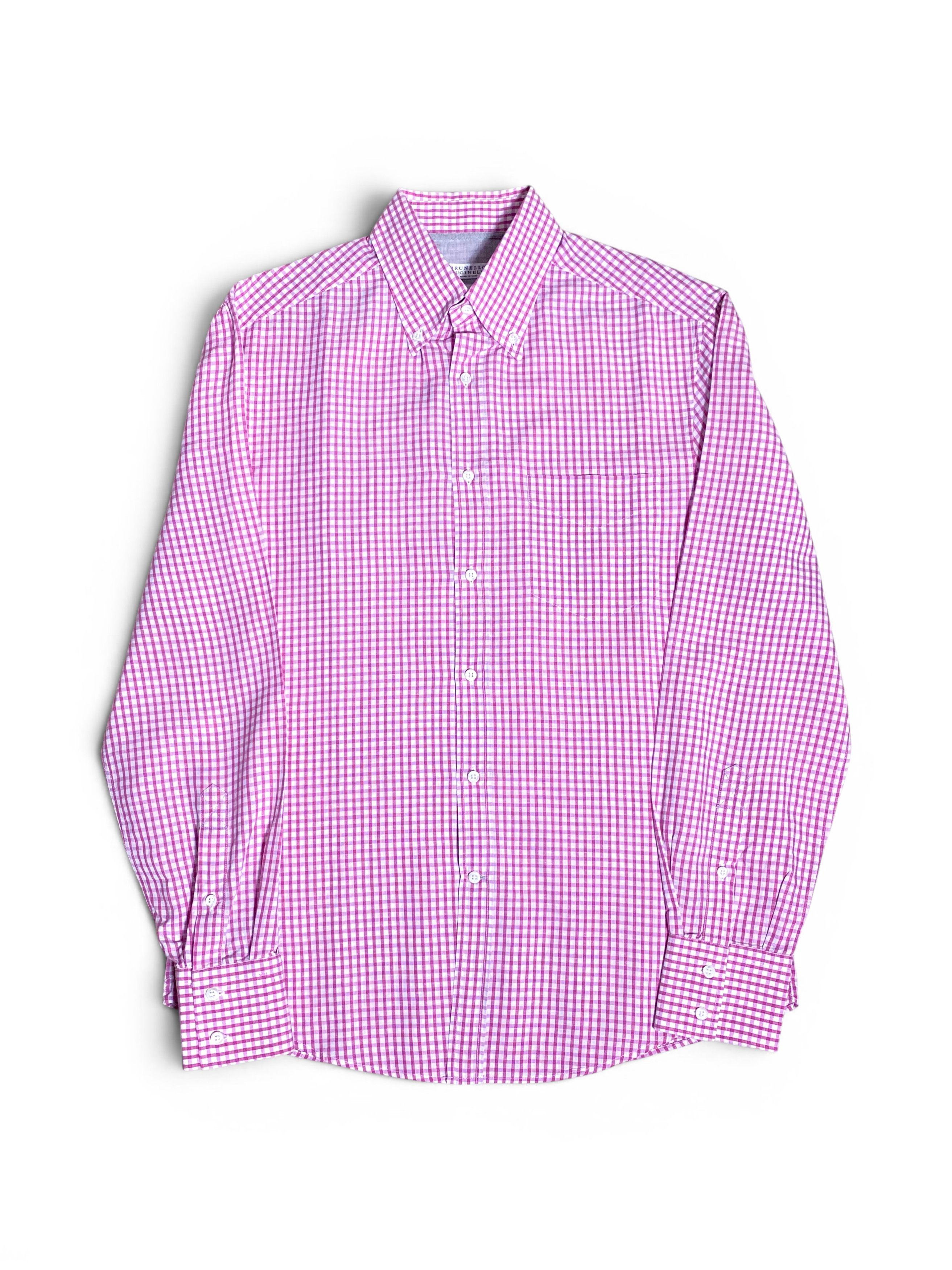 Brunello Cucinelli Brunello Cucinelli Pink White Check Cotton Linen Slim Shirt Size US M / EU 48-50 / 2 - 1 Thumbnail