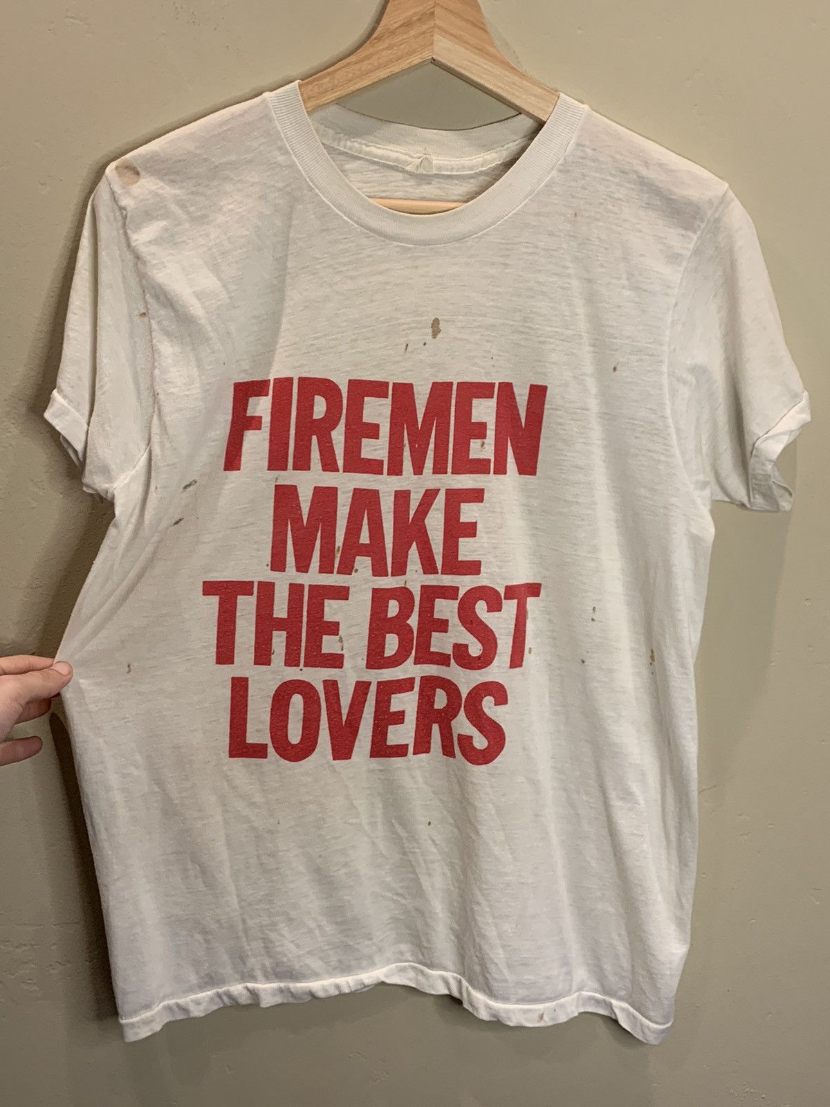 image of Humor Vintage 70S/80S Firemen Make The Best Lovers T-Shirt in White/Red, Men's (Size Medium)