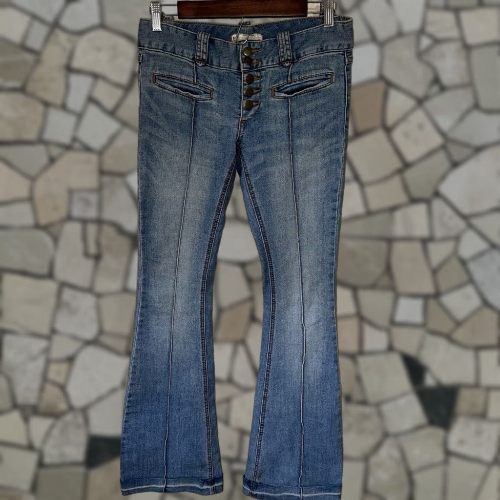 VINTAGE Free People Women's Jeans Flare 26 Blue Bell Bottoms Cuffed Wide-Leg Retro Bohemian