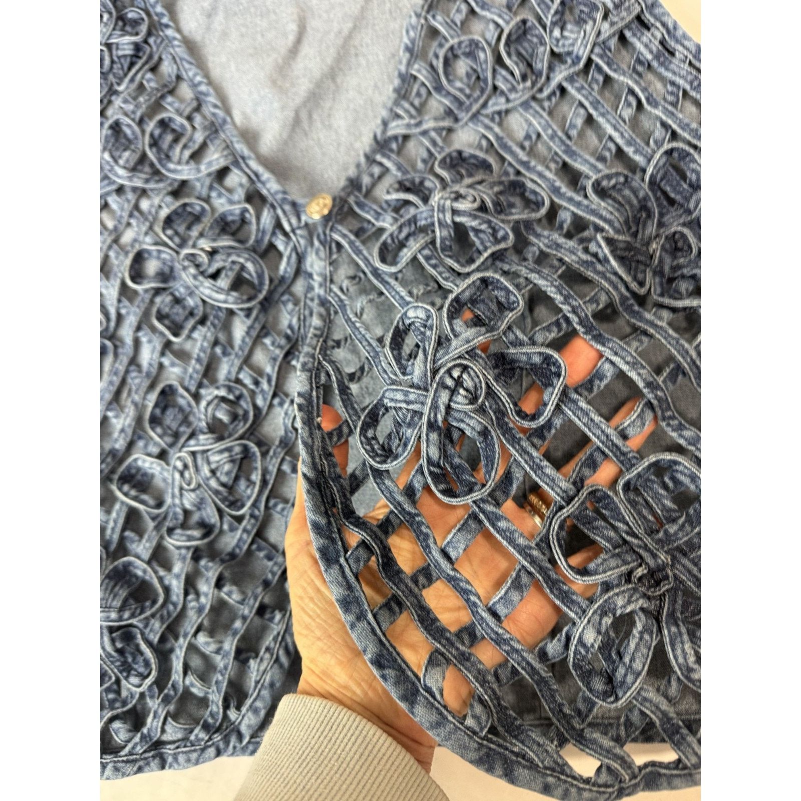 Other Vintage 90s Boho Denim Vest Floral Open Weave Crochet Large Size L / US 10 / IT 46 - 7 Thumbnail