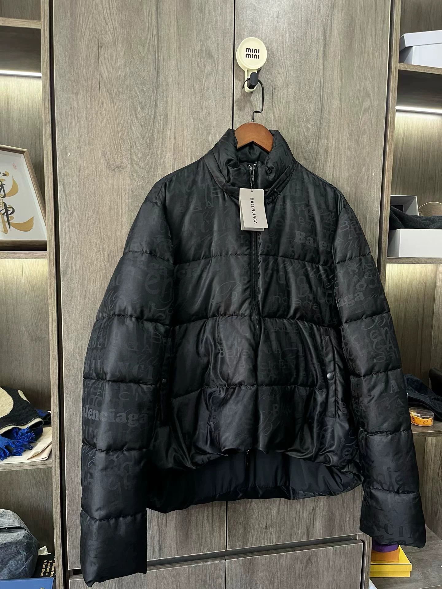 Balenciaga logo print all-over zip-up down jacket