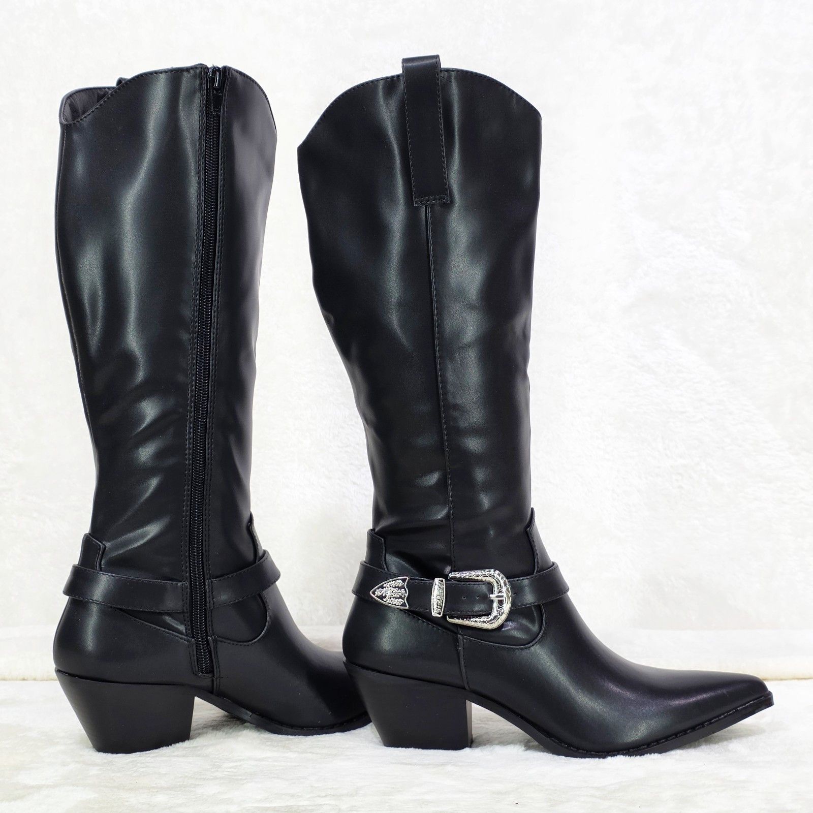 Ralley Smooth Black Faux Leather Western Knee High 2