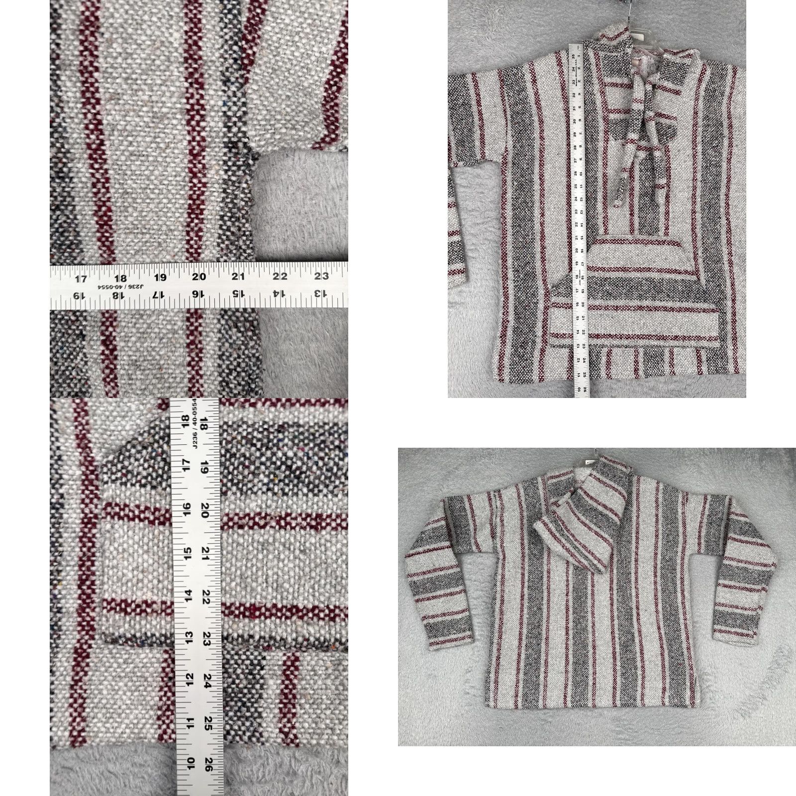 Baja Hoodie Mens Medium Gray Striped Kangaroo Pocket Hippie Drug Rug Poncho
