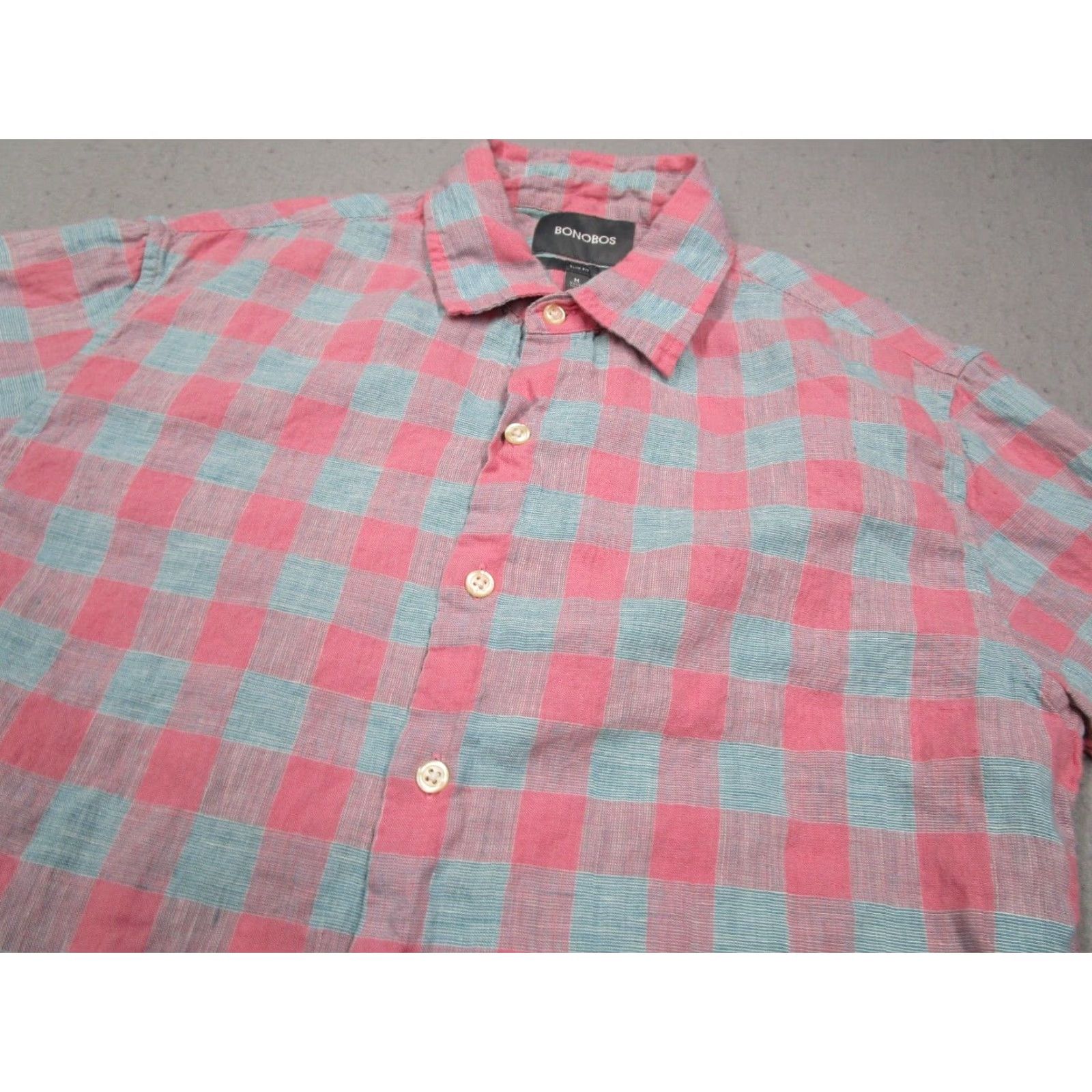 Bonobos VINTAGE Bonobos Shirt Men’s Medium Short Sleeve Pink Check Slim Fit Button Up Linen Blend Casual Size US M / EU 48-50 / 2 - 2 Thumbnail