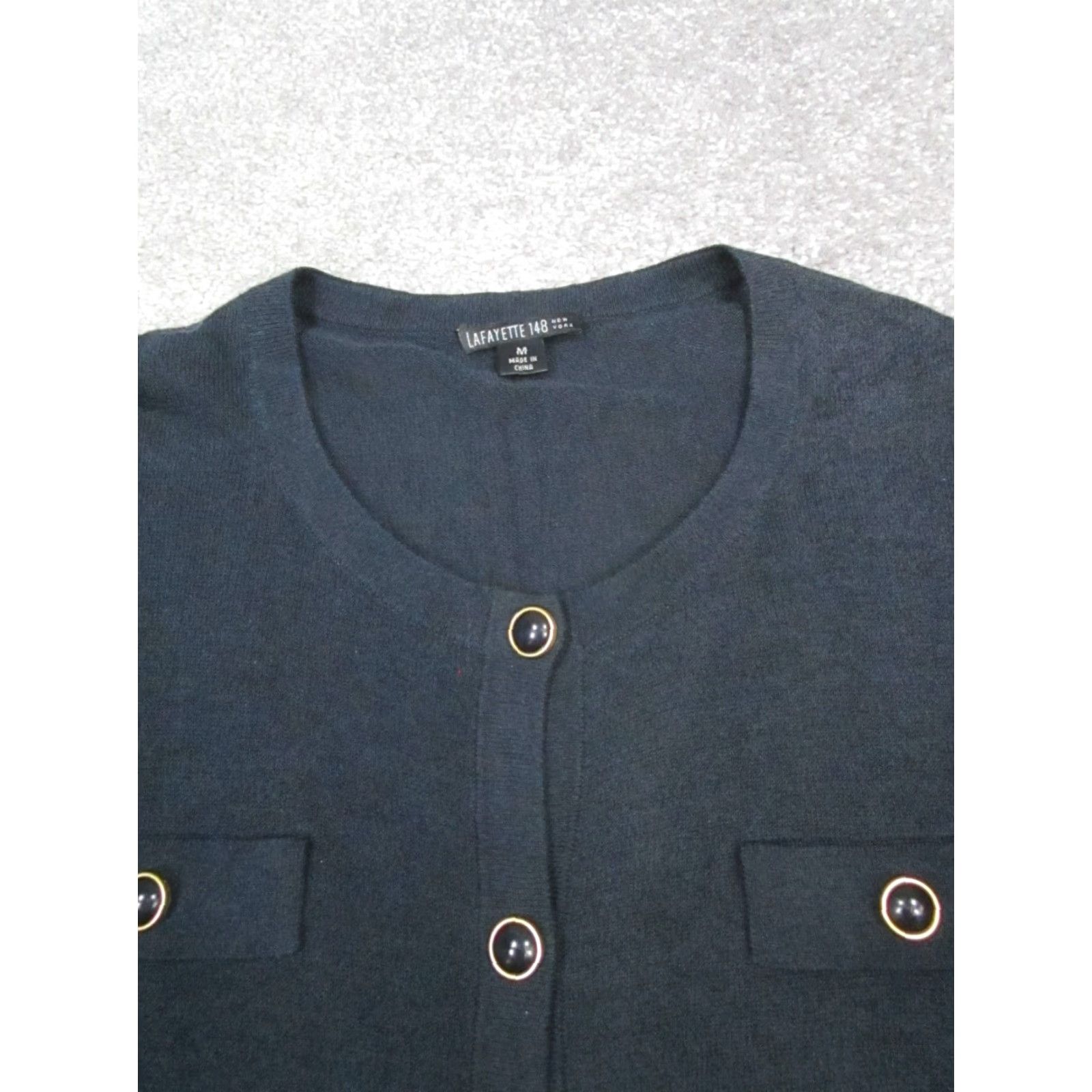 Vintage Lafayette 148 New York Cardigan Sweater Womens M Black Knit Cotton Blend V-Neck Long Sleeve Casual Modern Classic Size M / US 6-8 / IT 42-44 - 2 Thumbnail