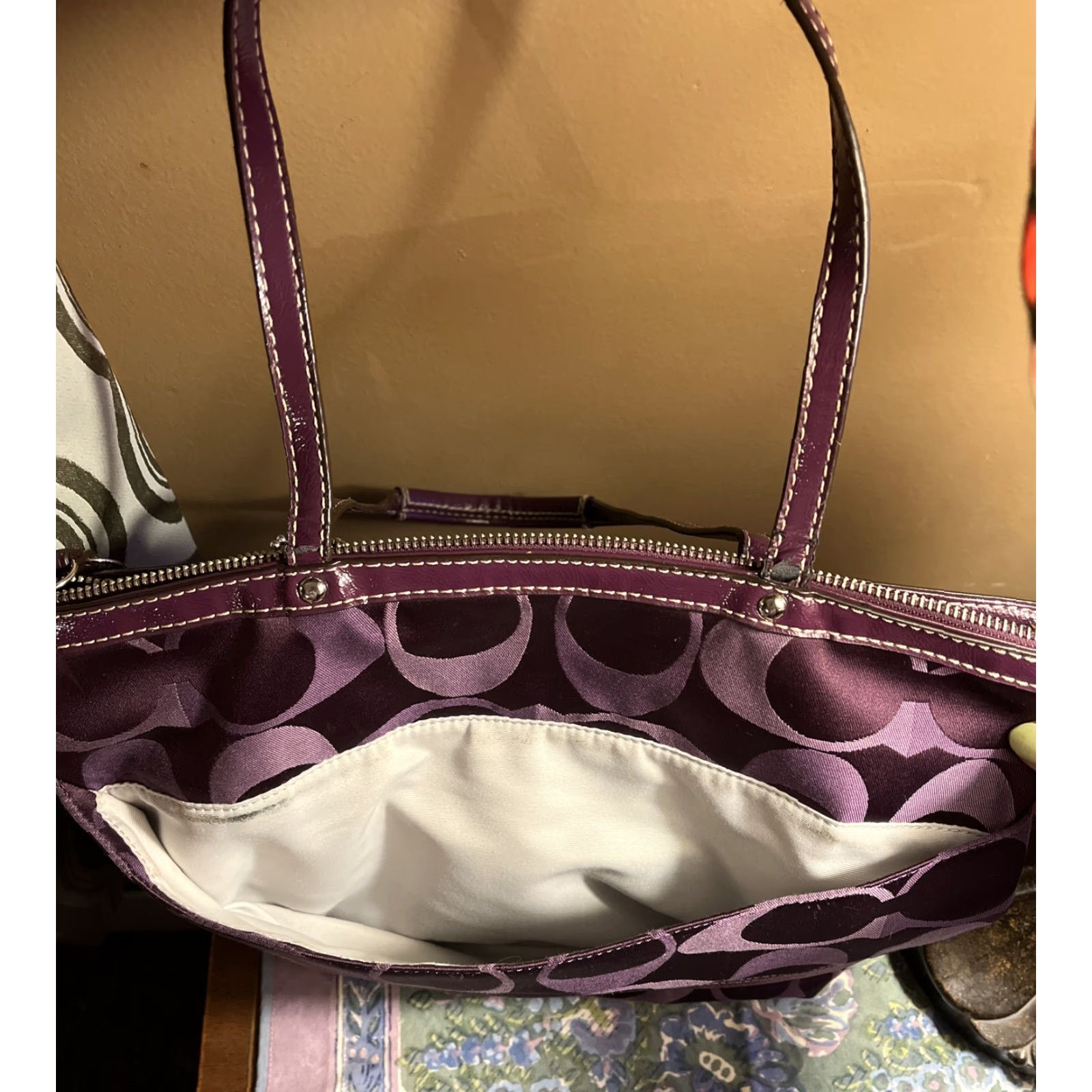 Coach VINTAGE Coach 1941 Leather Trim Canvas Shoulder Bag Women Medium Purple Signature Stripe Zip-Closure Size ONE SIZE - 4 Thumbnail