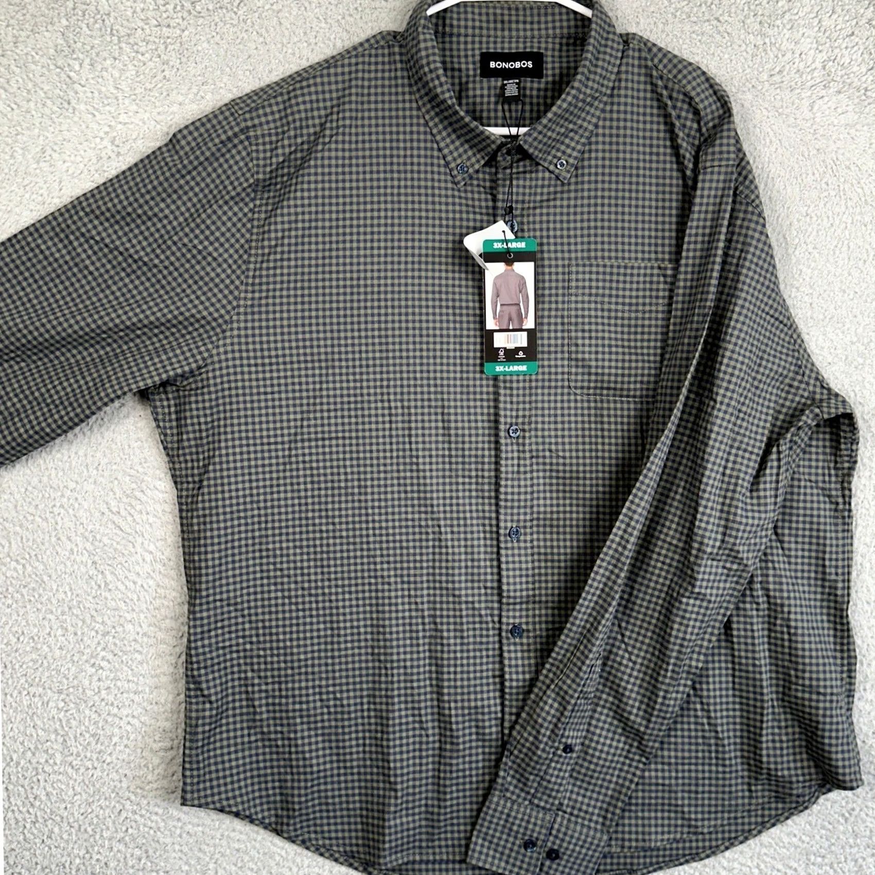 Bonobos BONOBOS Shirt Mens 3XL Navy Green Button Down Gingham Check Stretch Pocket Big & Tall Long Sleeve Collared Button-Down Casual Workwear Size US XXL / EU 58 / 5 - 2 Thumbnail
