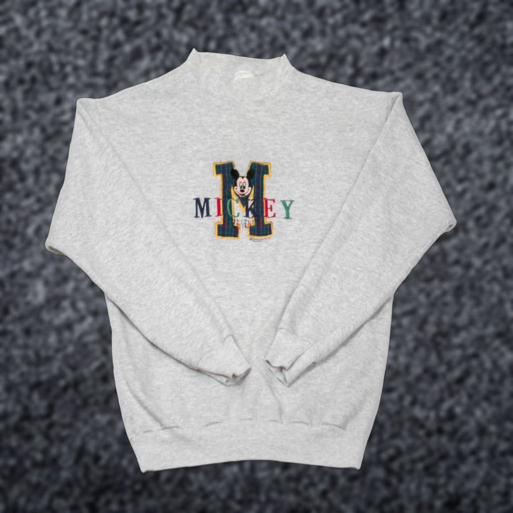Tultex VINTAGE Mickey Mouse Sweatshirt Gray Women's Size Medium 90s Plaid Logo Embroidered Crew Neck Pullover Size M / US 6-8 / IT 42-44 - 1 Thumbnail