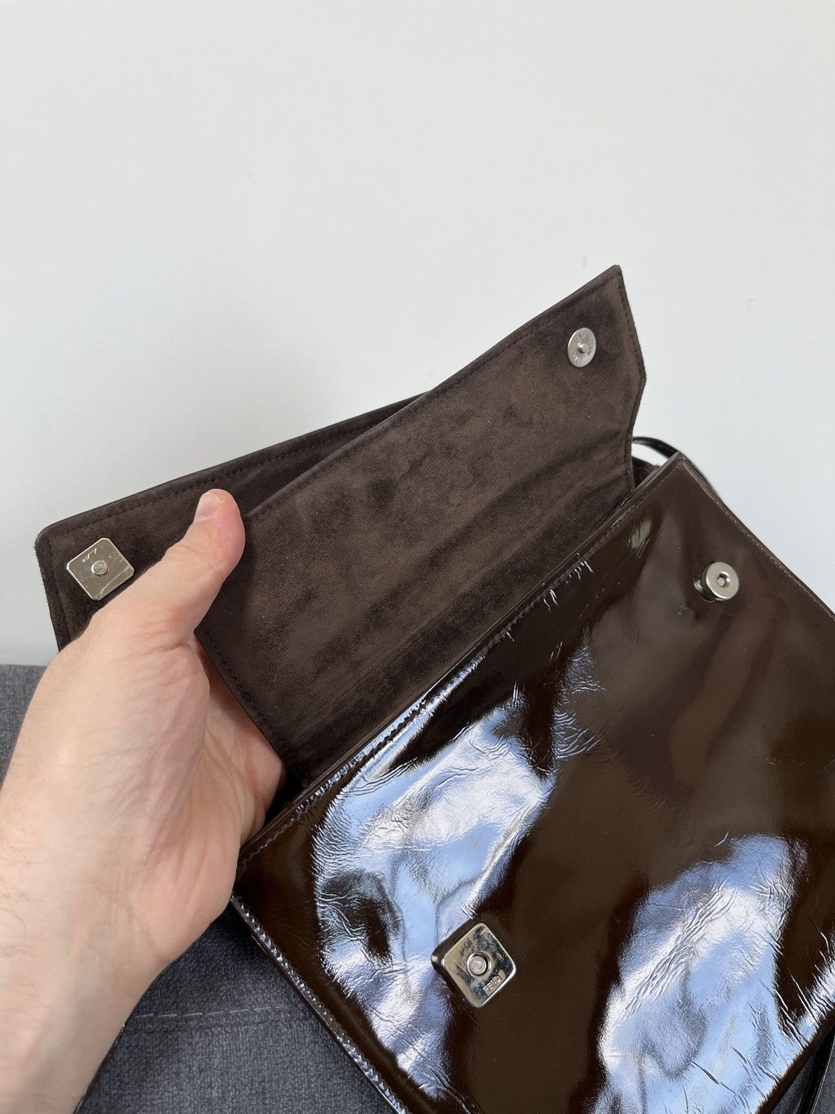 Fendi Vintage 80s Fendi Patent Leather Crossbody Bag Brown Flap Size ONE SIZE - 12 Thumbnail