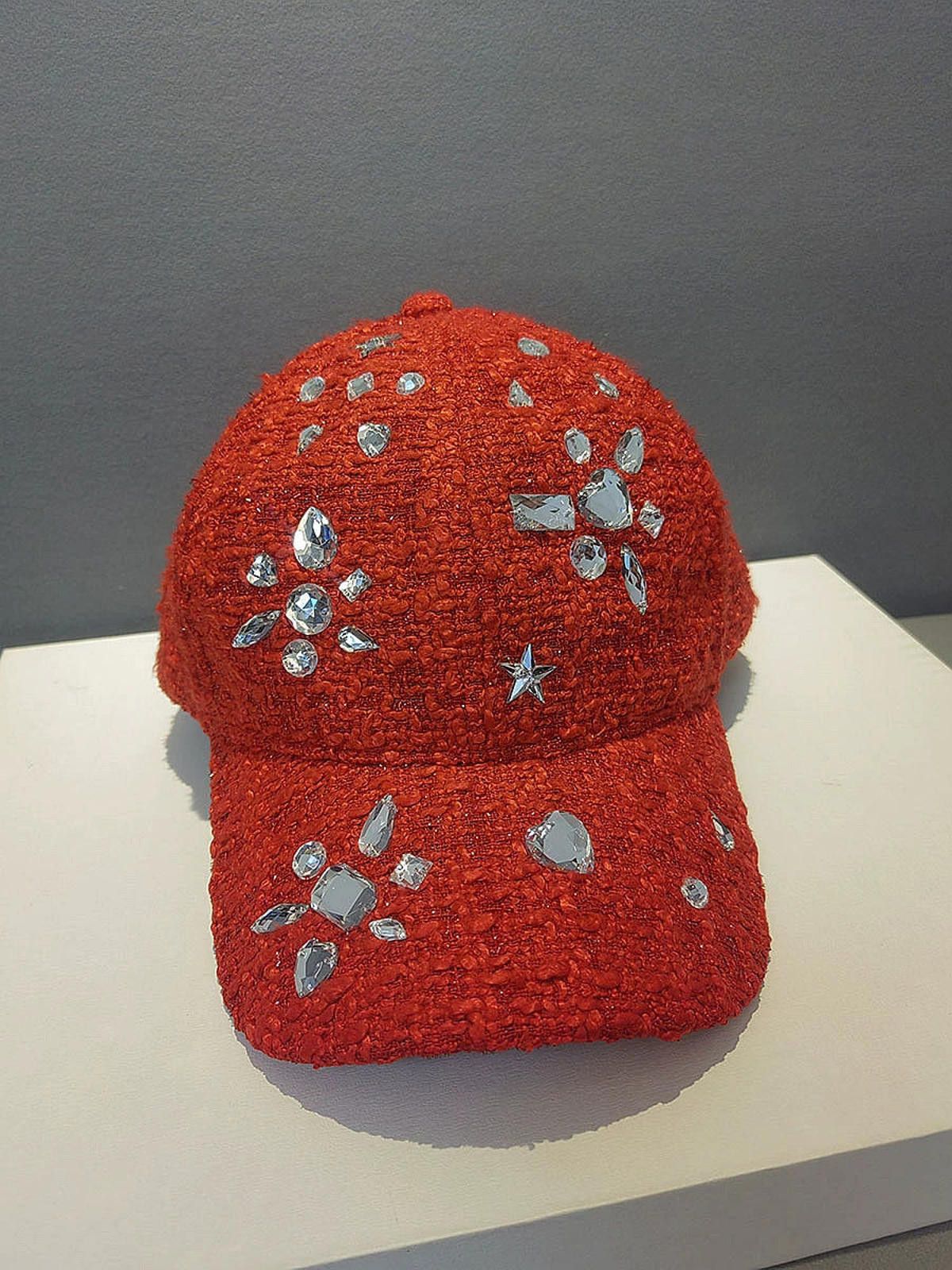 Other Red Embellished Rhinestone Tweed Baseball Cap Size ONE SIZE - 2 Thumbnail