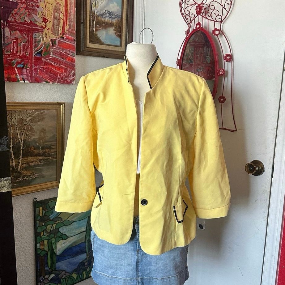Other studio I yellow black contrast stitch blazer jacket Size XXL / US 16-18 / IT 52-54 - 1 Thumbnail