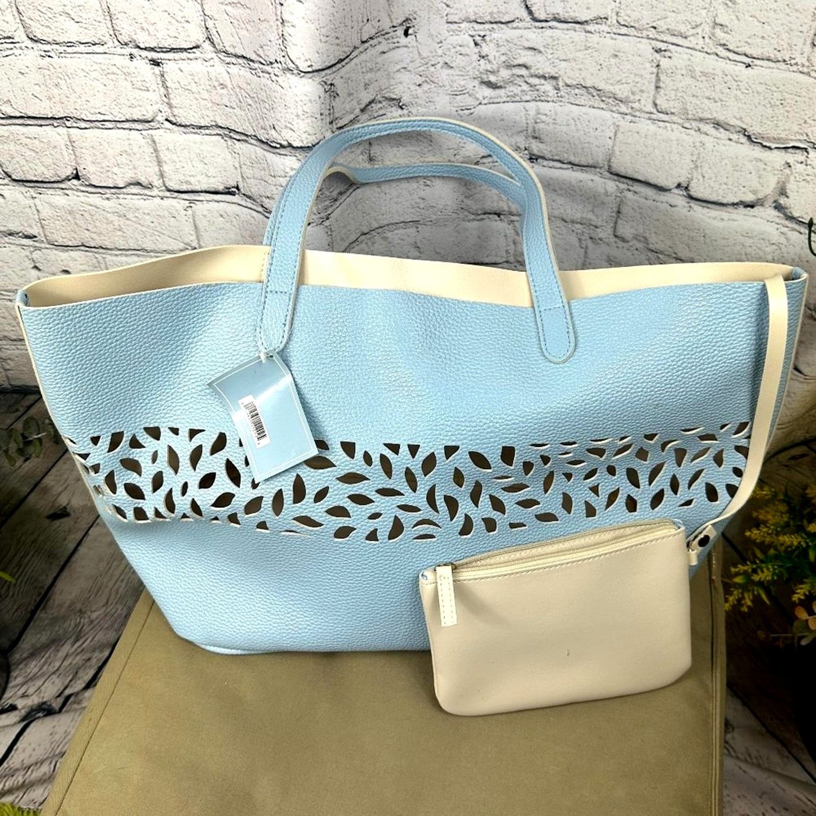 Other Laser Cut Light Blue Faux Pebble Leather Tote Bag with pouch Size ONE SIZE - 6 Thumbnail