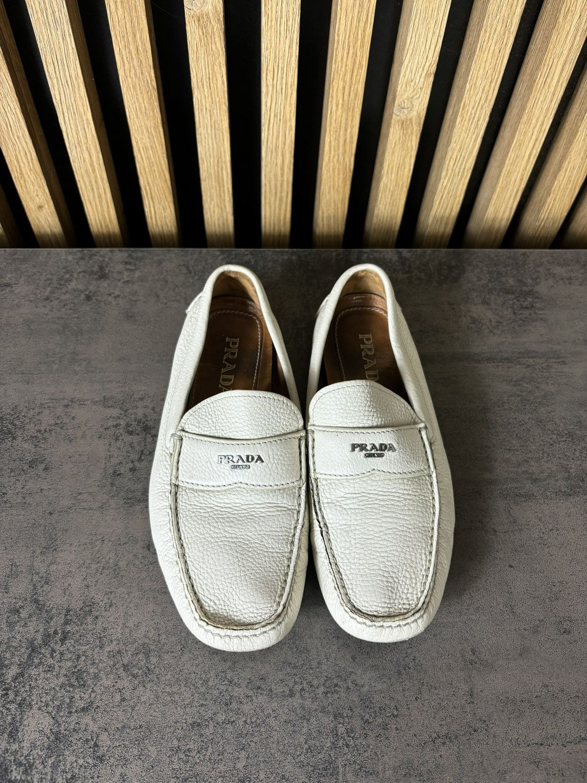 Designer × Prada LUXURY Prada White Leather Old Money Flats Moccasin Size US 9.5 / EU 42-43 - 1 Thumbnail