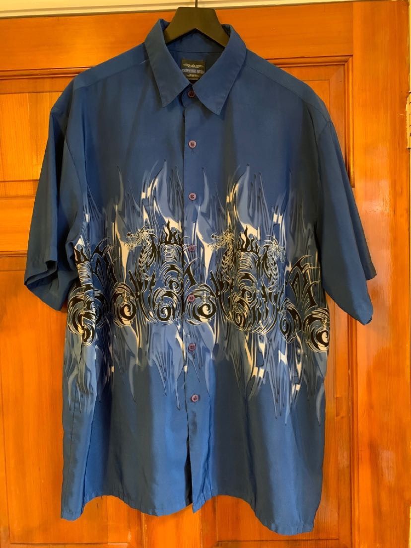 image of Art Vintage Extreme Gear Blue Flame Swirl Button Up Shirt, Men's (Size Large)
