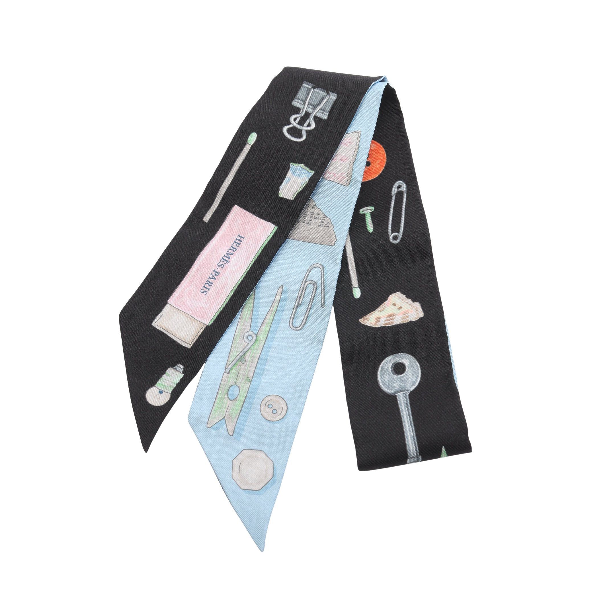 Hermes Hermes In The Pocket Ribbon Scarf Silk Black Light Blue Multicolor Size ONE SIZE - 1 Thumbnail