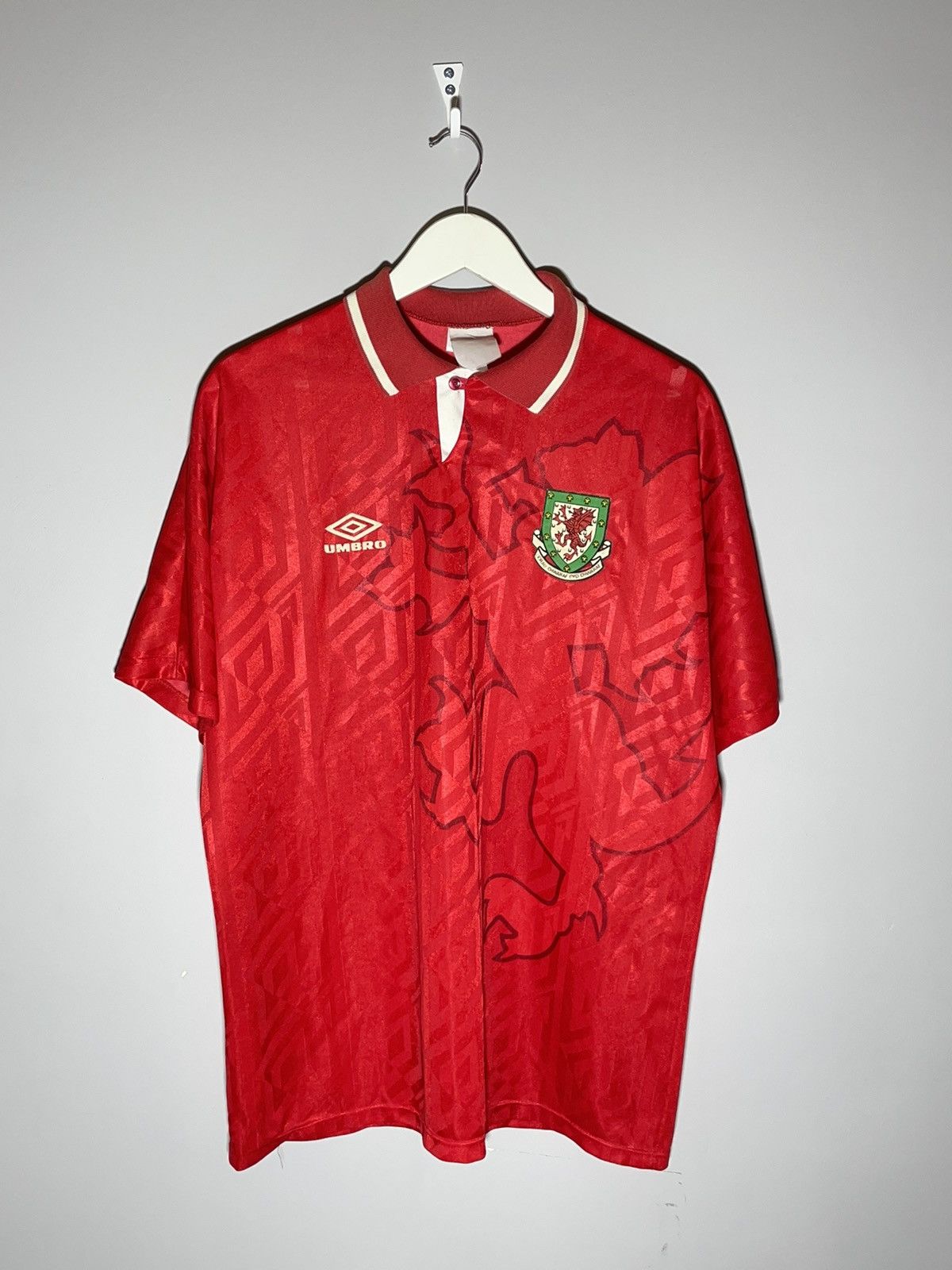 image of Soccer Jersey x Umbro Wales Umbro Vintage 1992 Home Y2K Streetwear Football Shirt in Red (Size XL)