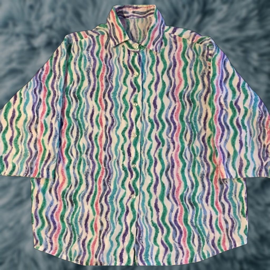 Vtg 90s Abstract Art All Over Print Button-Up Shirt XL Women White Aztec Gotcha Vaporwave Surf 80s
