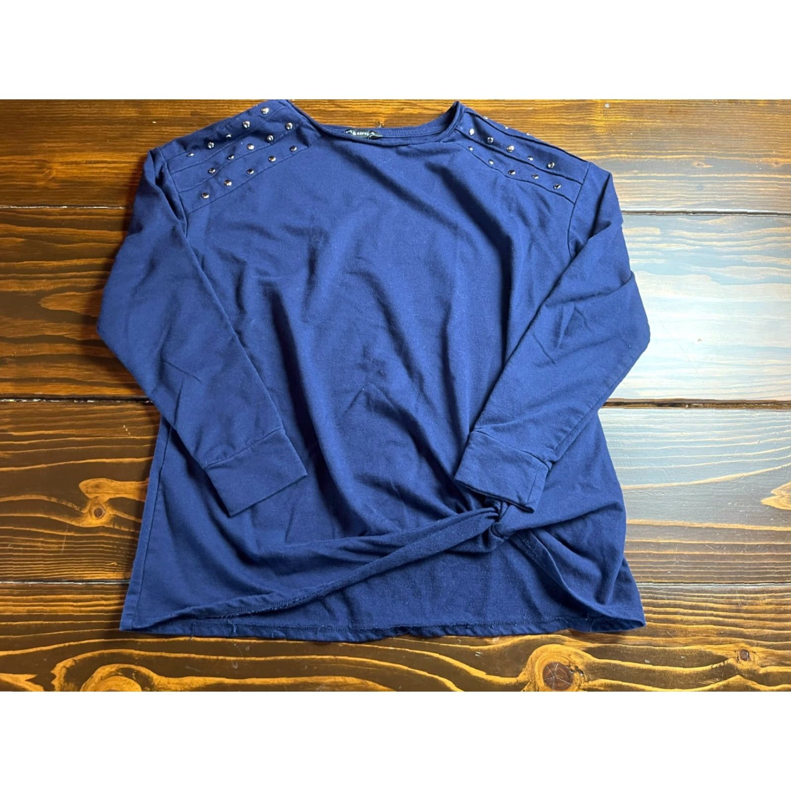 Vintage Rock & Republic Sweater Women's Size M Navy Blue Side Knot Metal Detail Pullover Long Sleeve Round Neck Casual Size M / US 6-8 / IT 42-44 - 2 Thumbnail