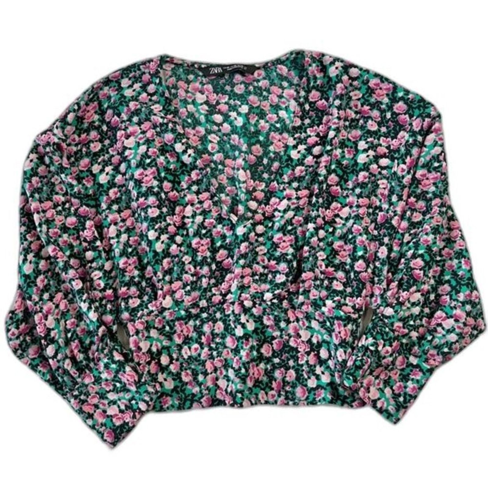 Zara Zara Women's Blouse Cropped Floral XS Teal Pink Black Size XS / US 0-2 / IT 36-38 - 1 Thumbnail