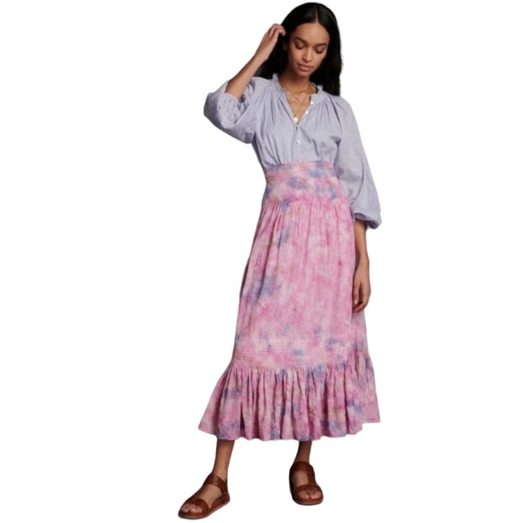 Anthropologie Anthropologie Maxi Skirt S Pink Cotton Tie-Dyed Tiered Embro Size 26" / US 2 / IT 38 - 16 Thumbnail