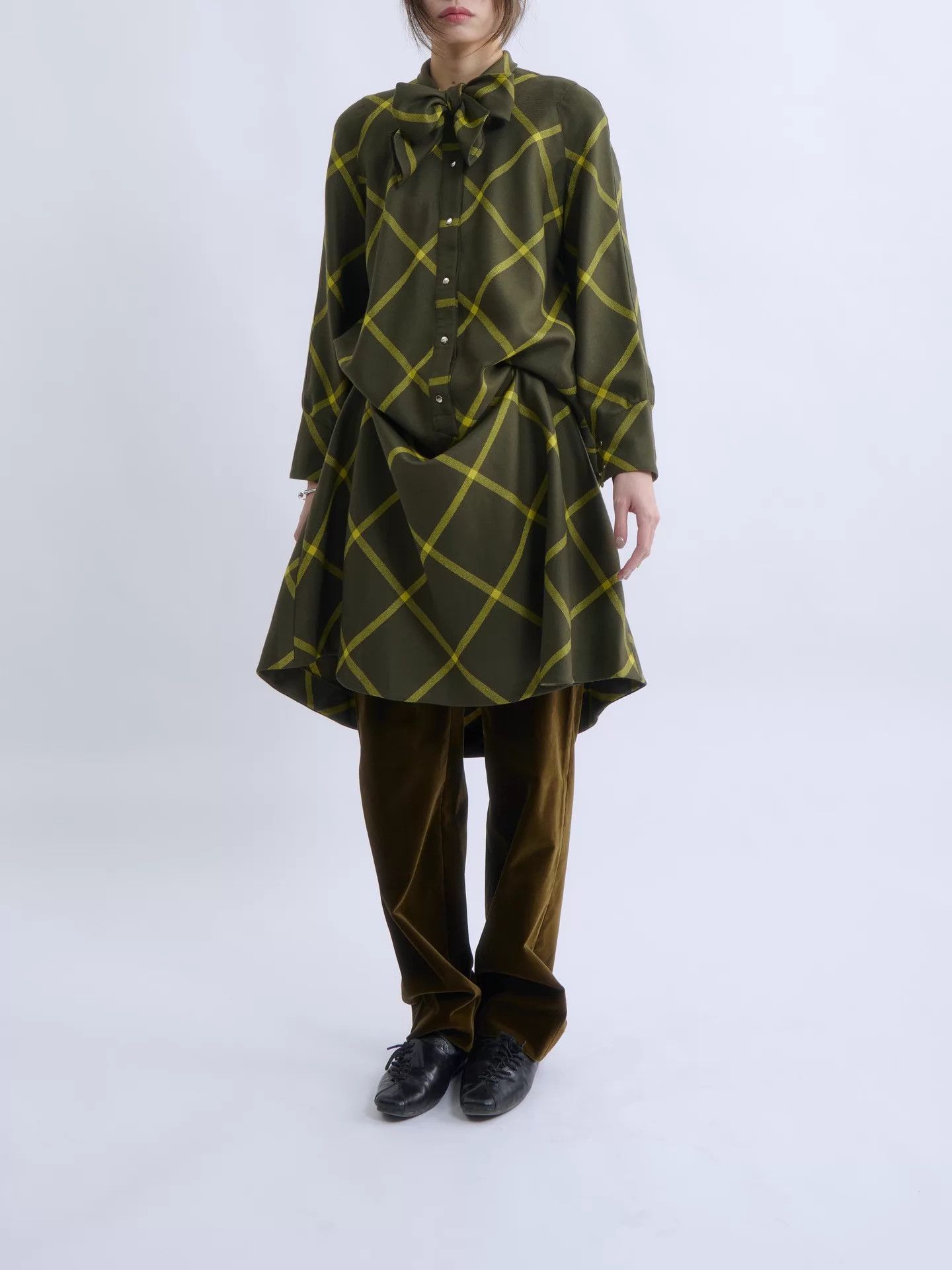 Thierry Mugler Thierry Mugler 80s-90s Yellow-Green Check Bow Dress Size XXL / US 16-18 / IT 52-54 - 2 Thumbnail