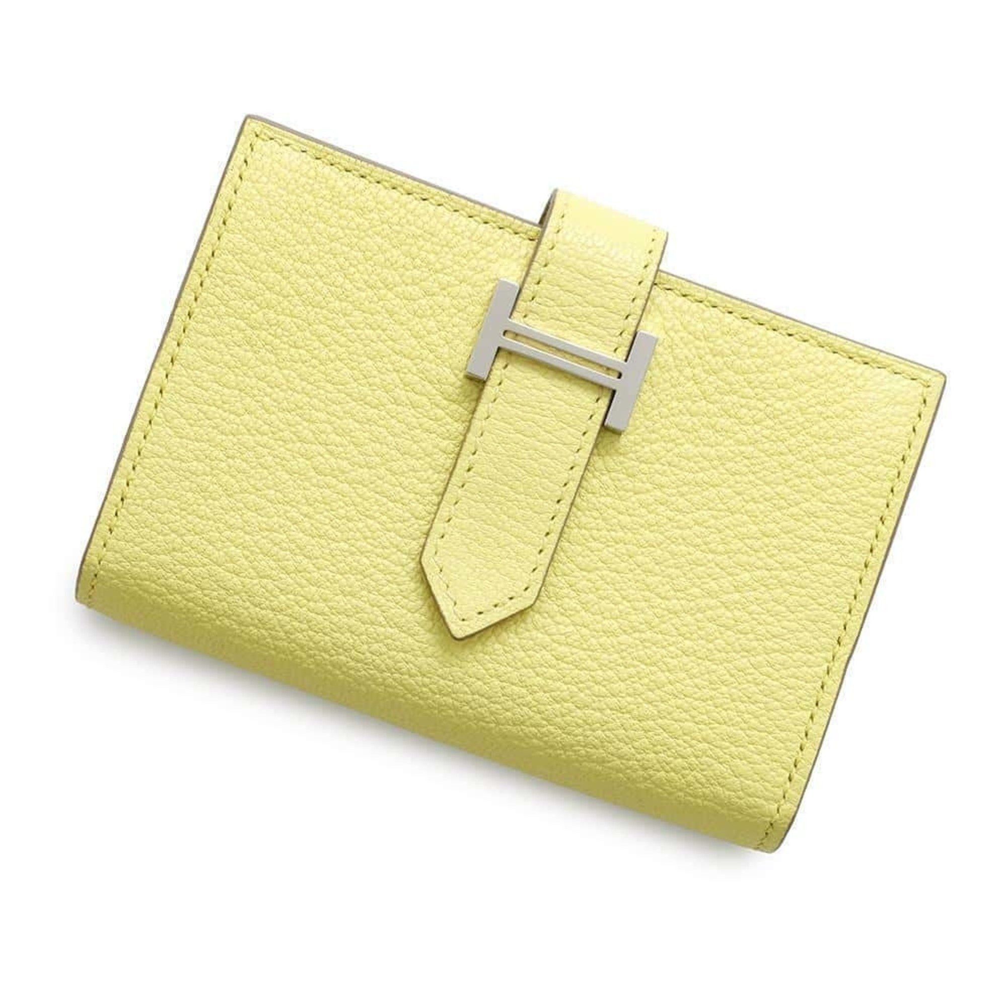 Hermes Business Card Holder/card Case Bearn Mini With Coin Purse Limoncello Chevre Mysore W Engraved Hermes Holder Wallet/coin, Women's