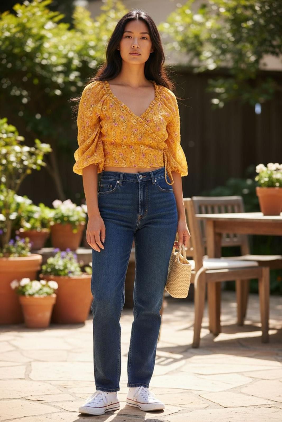 Luchiano Visconti Lush Yellow Floral Wrap Crop Top with Puff Sleeves Size M / US 6-8 / IT 42-44 - 1 Thumbnail