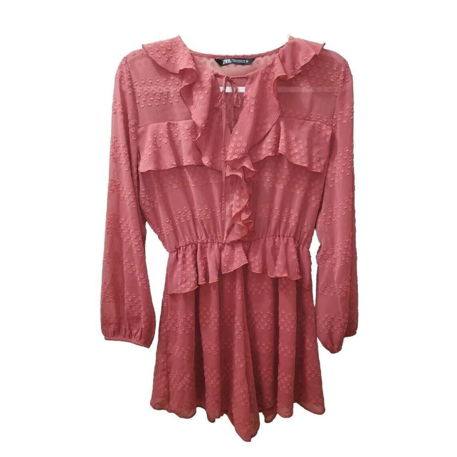 Zara Zara Swiss Dot Ruffle Romper Long Sleeve Dusty Rose Size 32" / US 10 / IT 46 - 3 Thumbnail