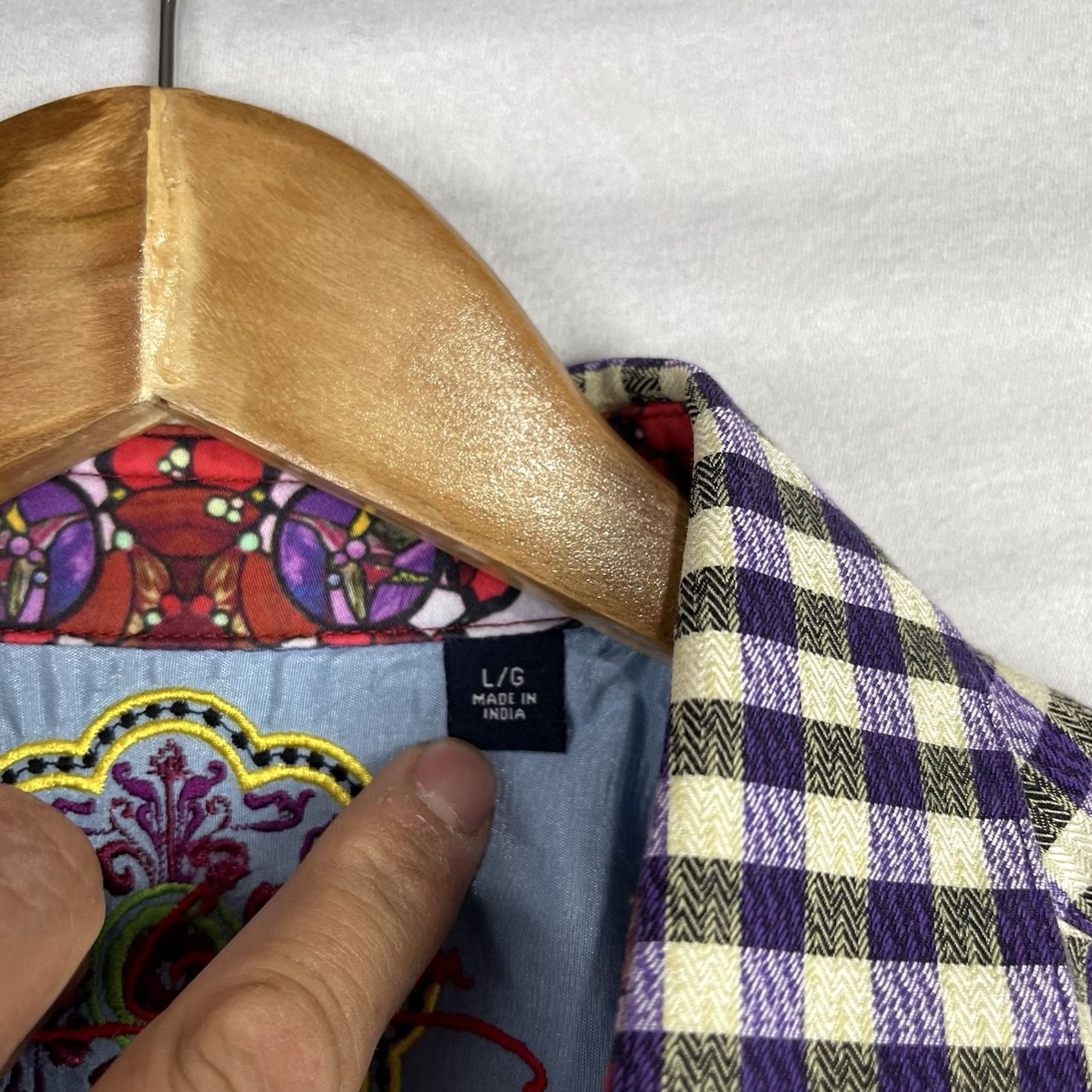 Robert Graham Robert Graham Shirt Mens Large Purple Check Button-Up Fold Flip Cuff Stained Glass Contrast Trim Button Size US L / EU 52-54 / 3 - 3 Thumbnail