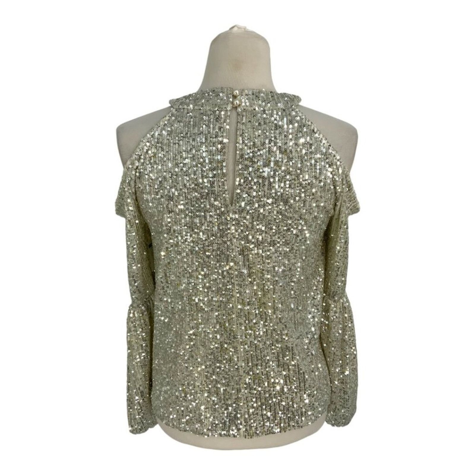 Other CeCe Cold Shoulder Sequined Blouse Silver XS NWOT $89 MSRP Size XS / US 0-2 / IT 36-38 - 8 Thumbnail