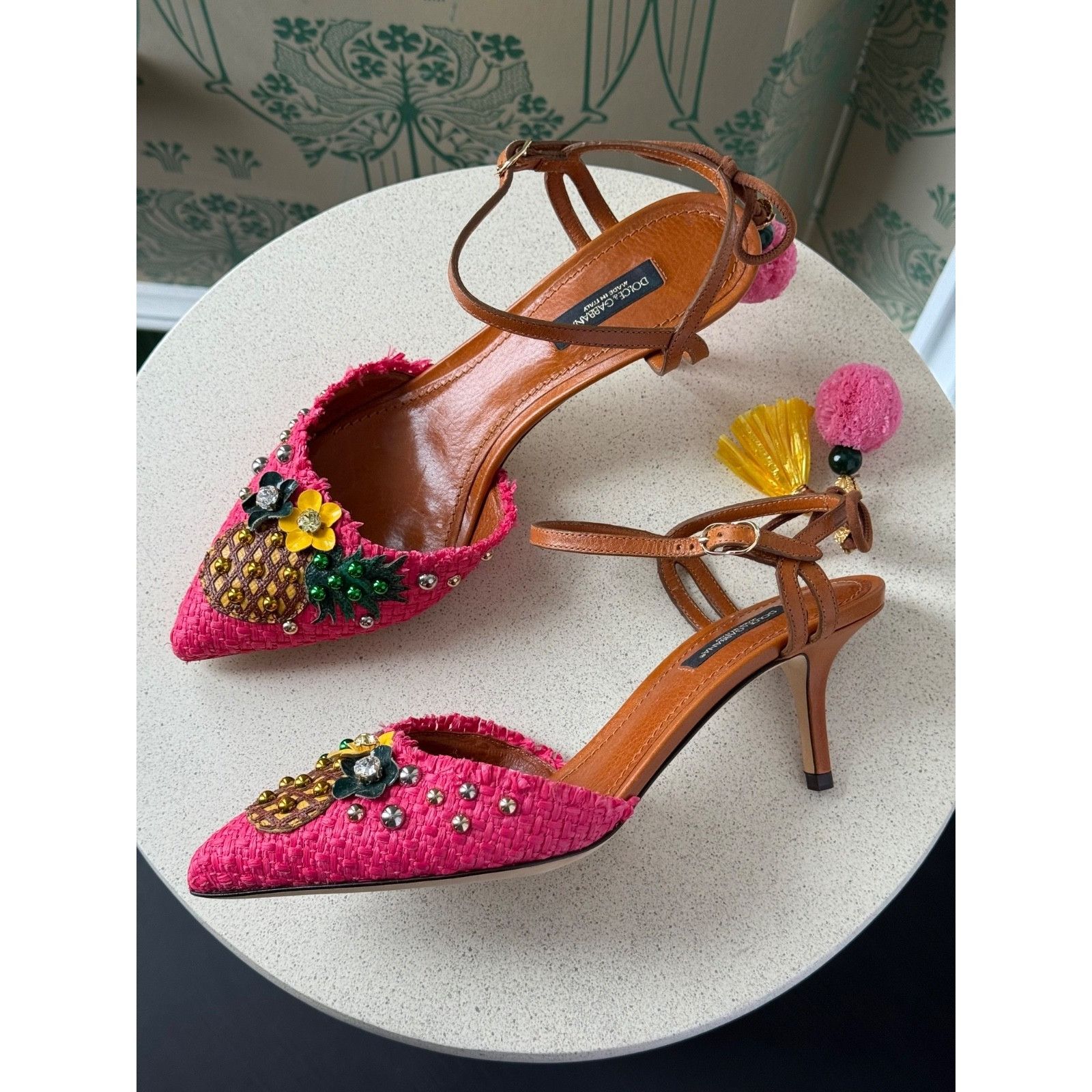 Dolce & Gabbana DOLCE & GABBANA Shoes Pink Pineapple Bellucci Kitten Heels Size US 7.5 / IT 37.5 - 11 Thumbnail