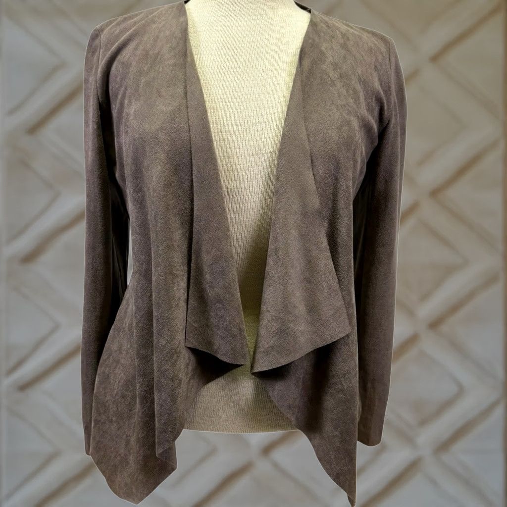 Vintage DO + BE Cardigan Brown S Faux Suede Waterfall Draped Open Front High Low Size S / US 4 / IT 40 - 1 Thumbnail
