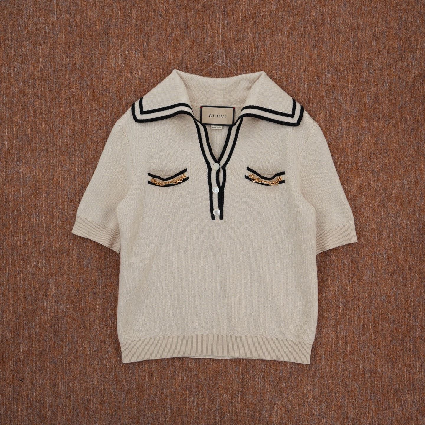 Gucci Gucci Beige Navy Collar Short-Sleeve Knit Size S / US 4 / IT 40 - 1 Thumbnail