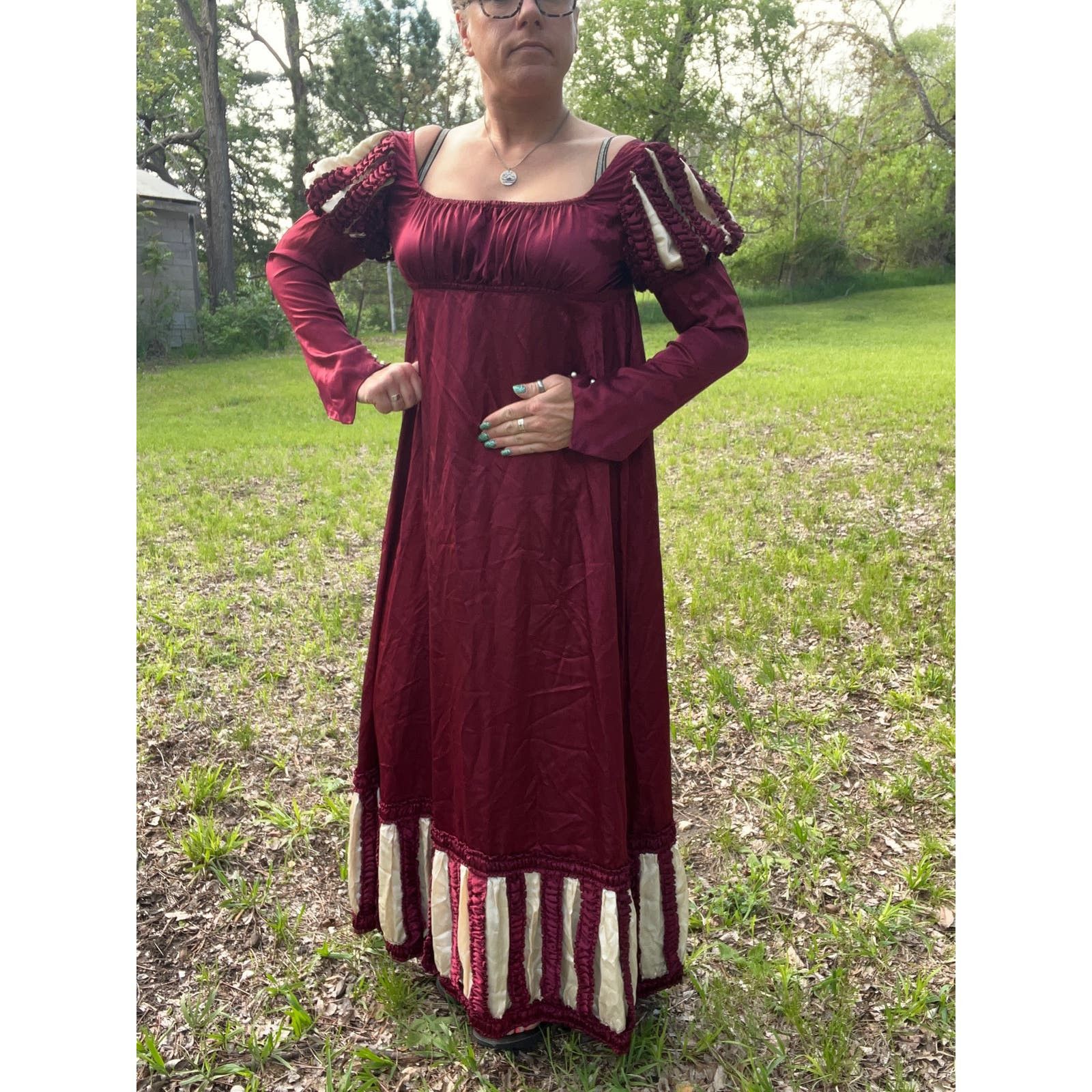 image of Vintage Renaissance Edwardian George Washington Gown Maroon Satin in Red, Women's (Size Medium)