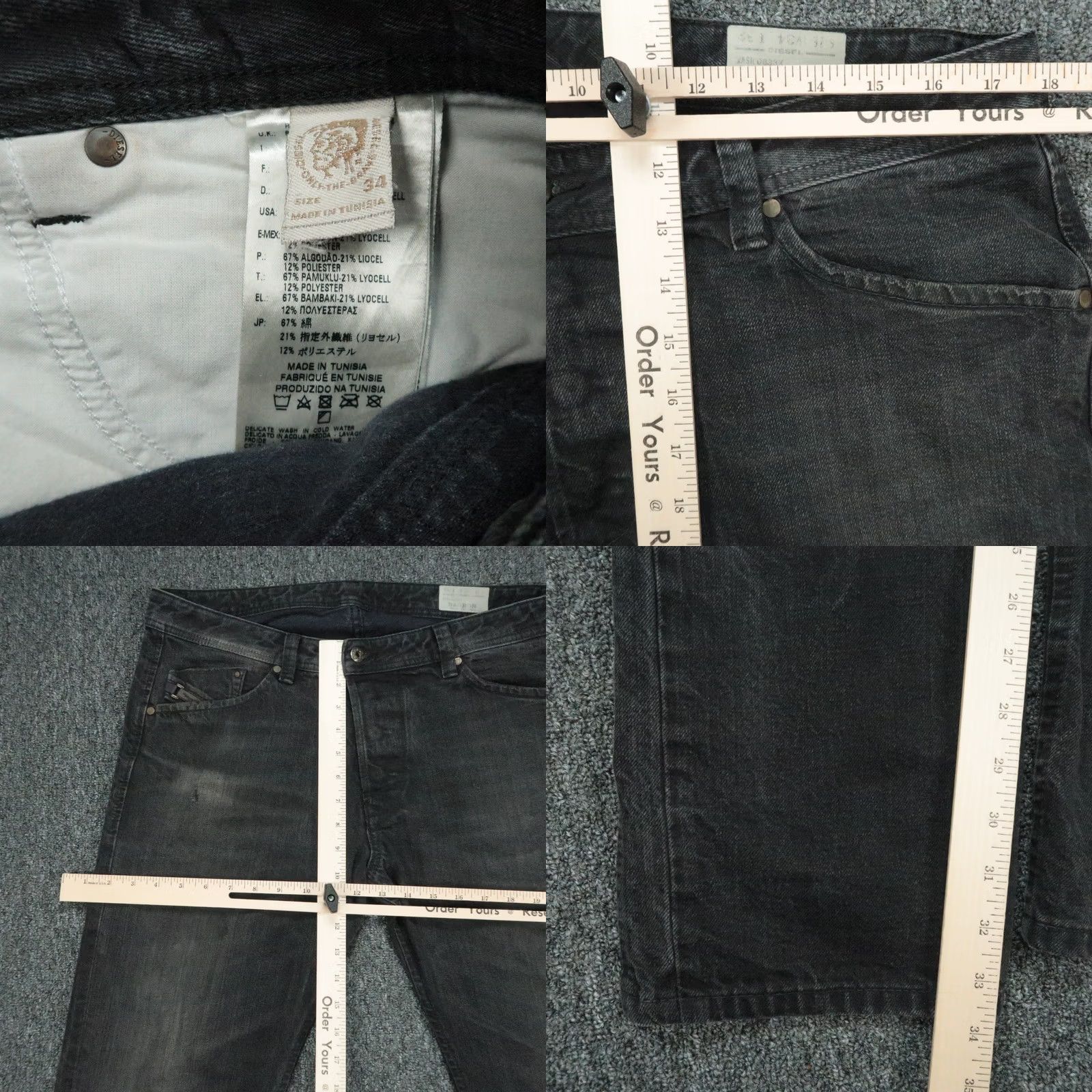 Diesel Diesel Jeans Mens 34x33 Black Darron Regular Slim Tapered Button Fly Denim Size US 34 / EU 50 - 8 Thumbnail