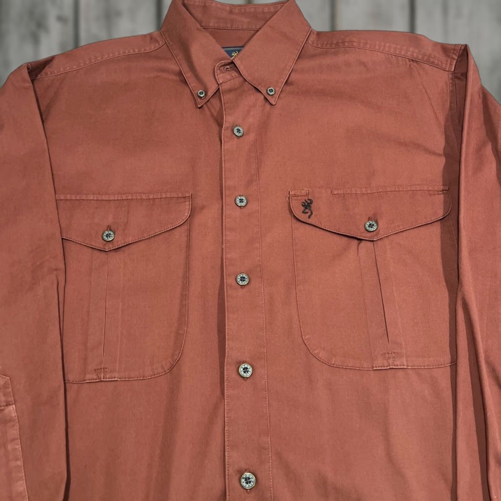 Vintage Browning Gold Men’s Button-Down Shirt Long Sleeve Cotton Pockets Fall Winter Spring Summer Regular M Brown Size US M / EU 48-50 / 2 - 1 Thumbnail
