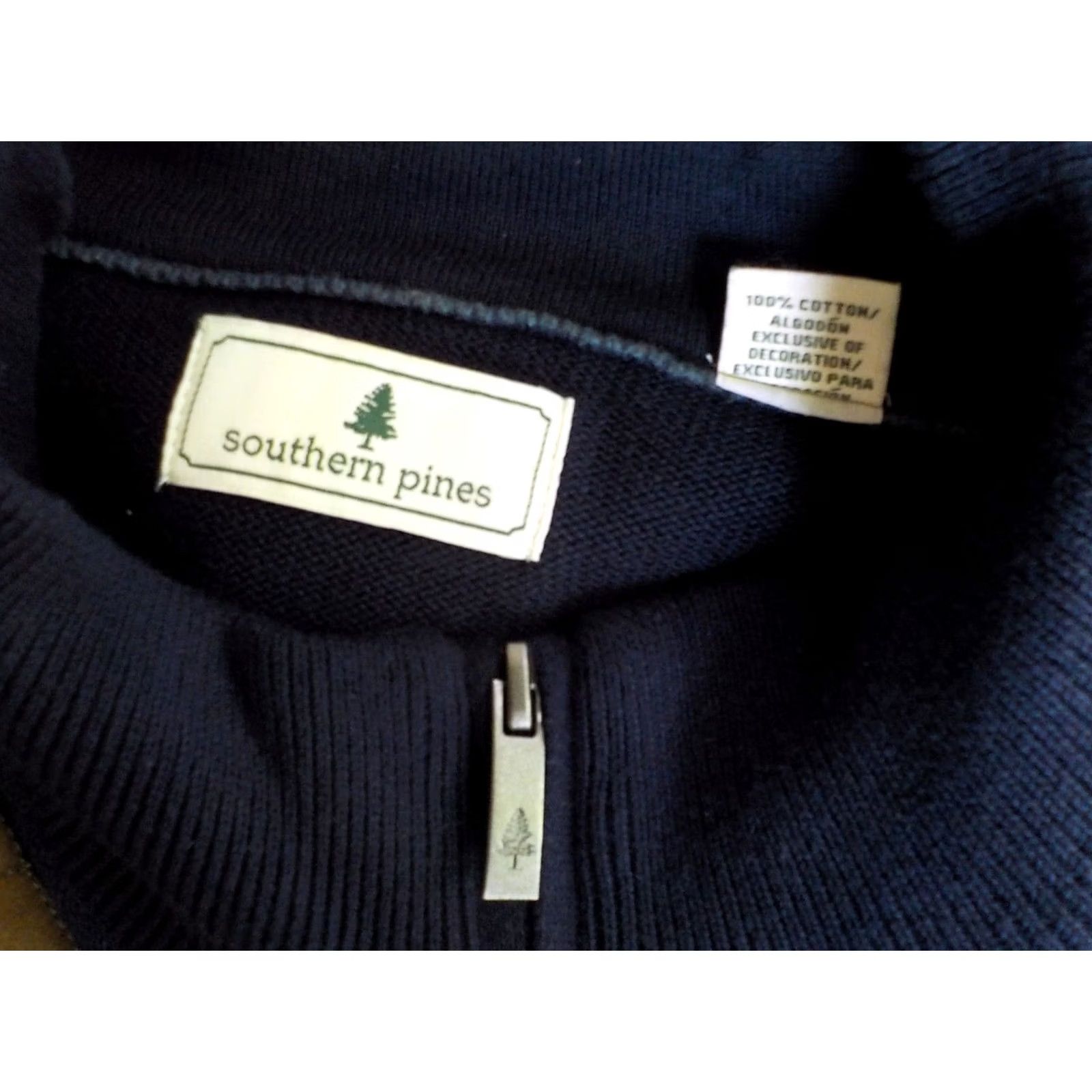 Vintage SOUTHERN PINES Zip Front Mens Cardigan Sweater w/Quilted Shoulder Blue XXL Size 2XL Ribbed Cuffs Waistband Mock Neck Full Zip Cotton Knit 100% Size US XXL / EU 58 / 5 - 4 Thumbnail