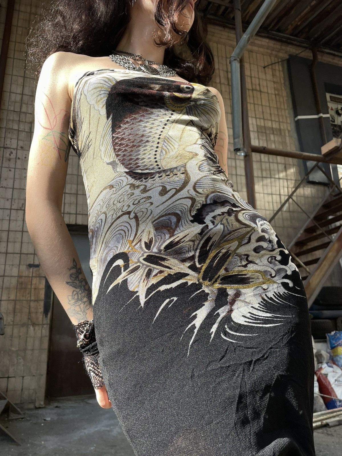 chinese dress ladies Jean Paul Gaultier Soleil Tattoo Print Mesh Dress Set main image 1